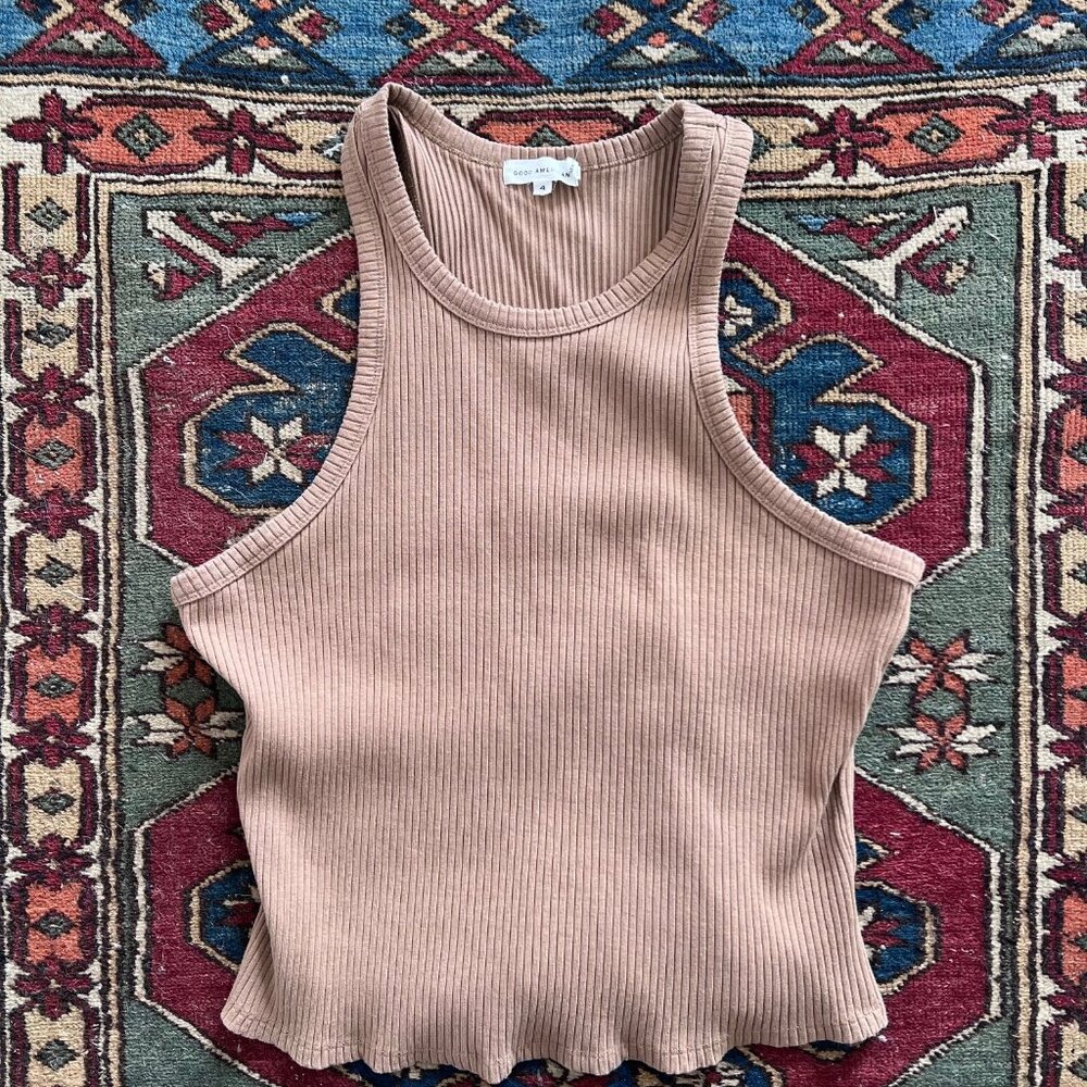 Good American Taupe Brown Ribbed Crop Tank, Womens Size 4 Top Fits Size XL